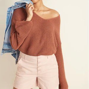 NWOT Slouchy Crochet V-Neck Sweater in Rust/Brown